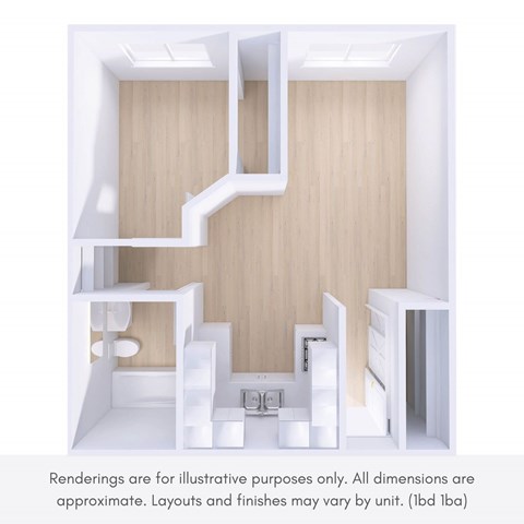 A white, wooden, open-concept apartment with a kitchen, bathroom, and living room.